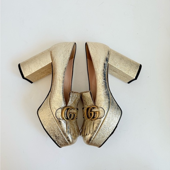 Gucci Metallic Gold Marmont GG Platform Platino Fringe Logo Block Heel pumps37.5 - Picture 4 of 11